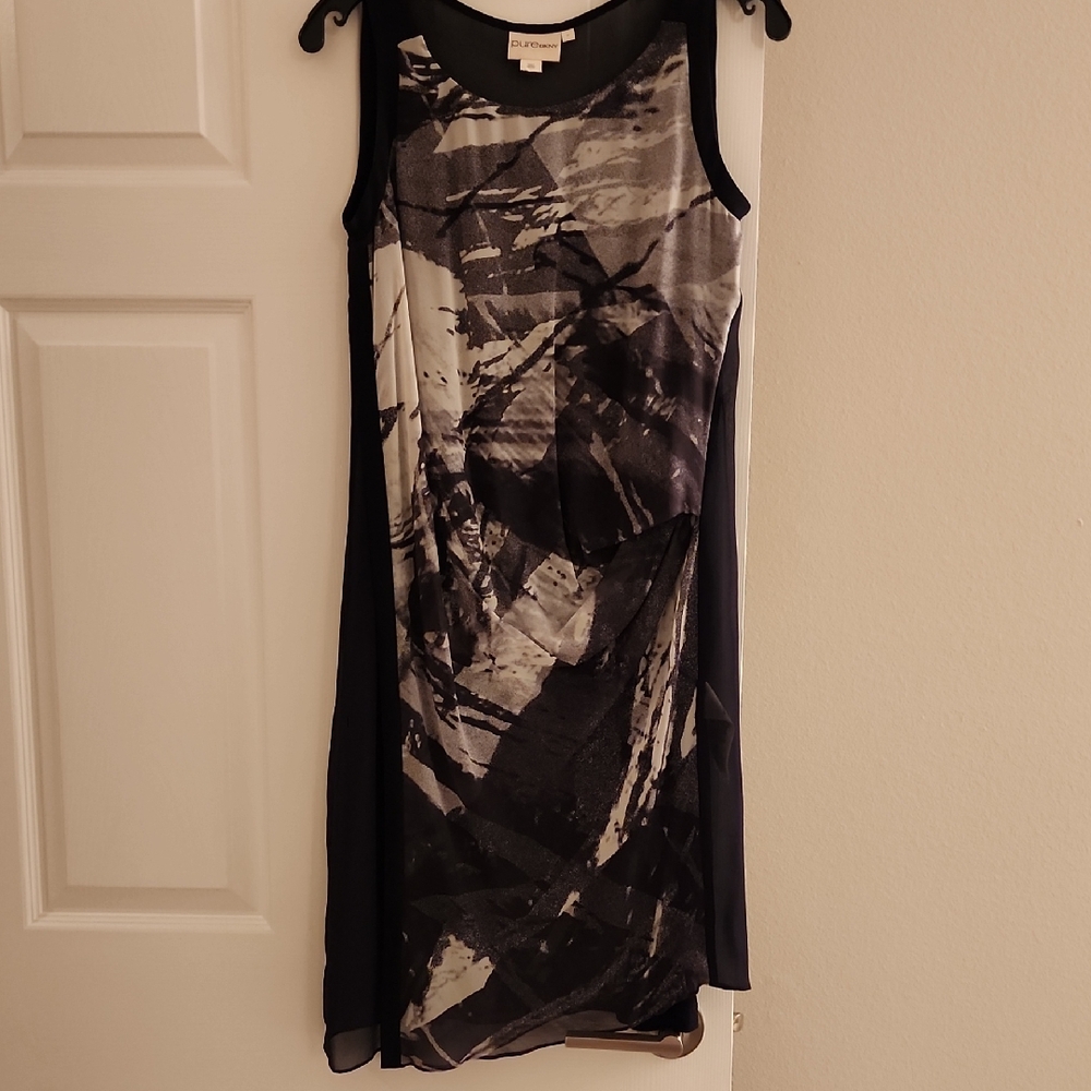 DKNY Pure Silk Black and Gray Abstract Midi Dress w/ asymmetrical hemline